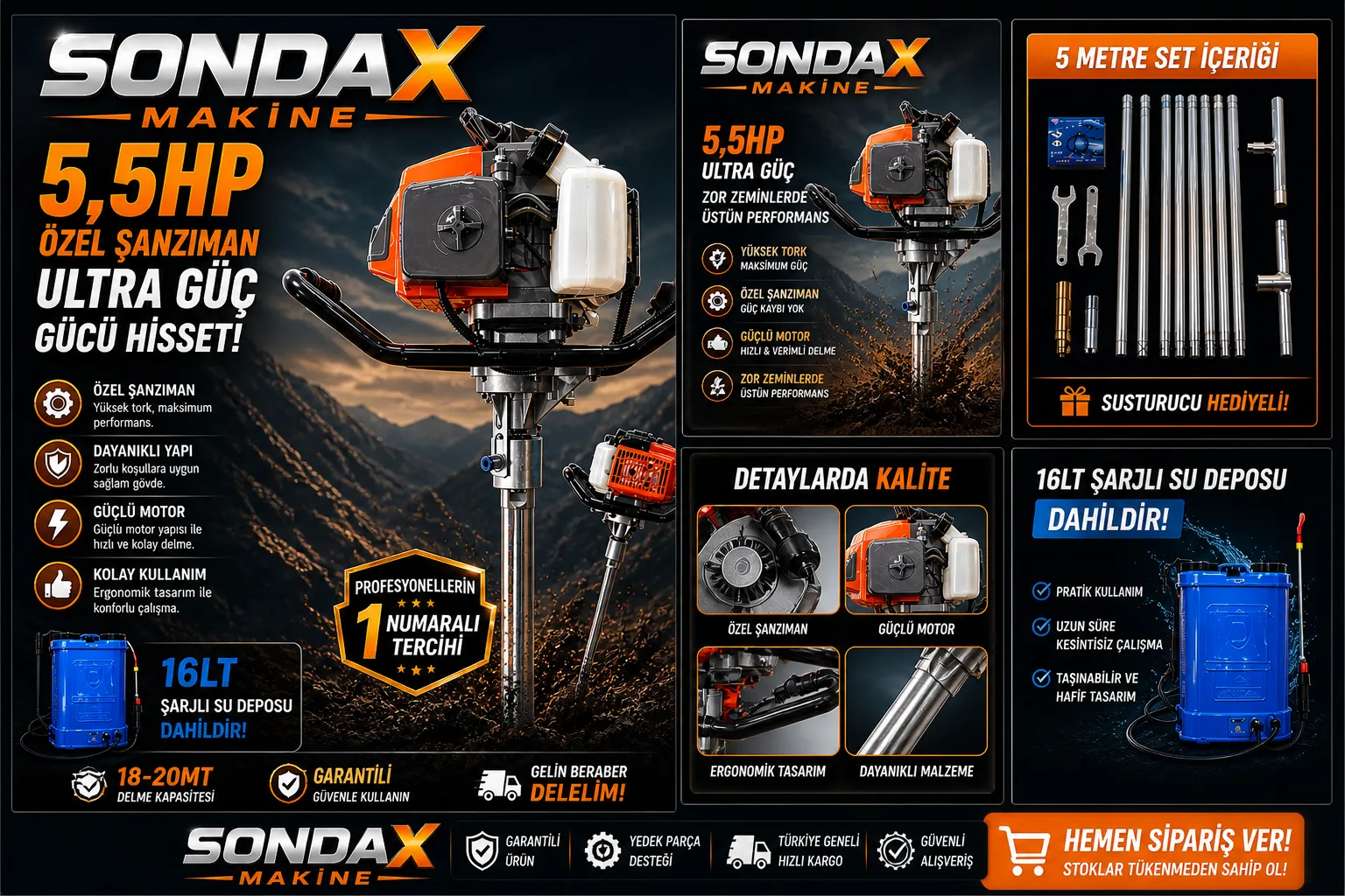 Karot ve El Sondaj Makinesi 5,5 Hp Profesyonel Güçlü Motoru