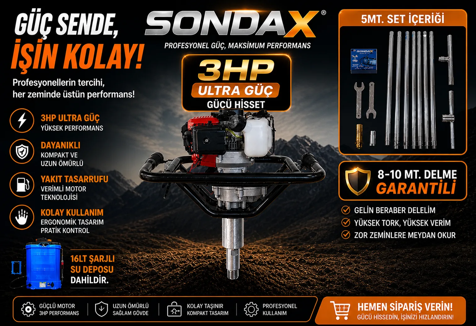 3 HP BENZİNLİ KAROT & EL SONDAJ MAKİNESİ 5MT SET